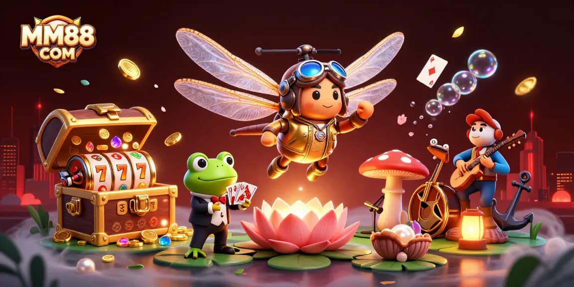 Experience the excitement of MM88 COM with a vibrant casino scene featuring unique characters and game elements.