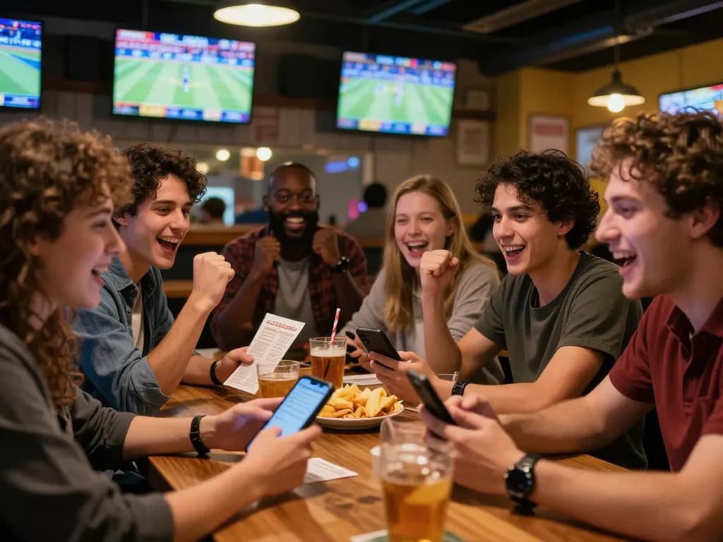 Friends enjoying sports betting together at the bar while reviewing keobongda updates on their devices.