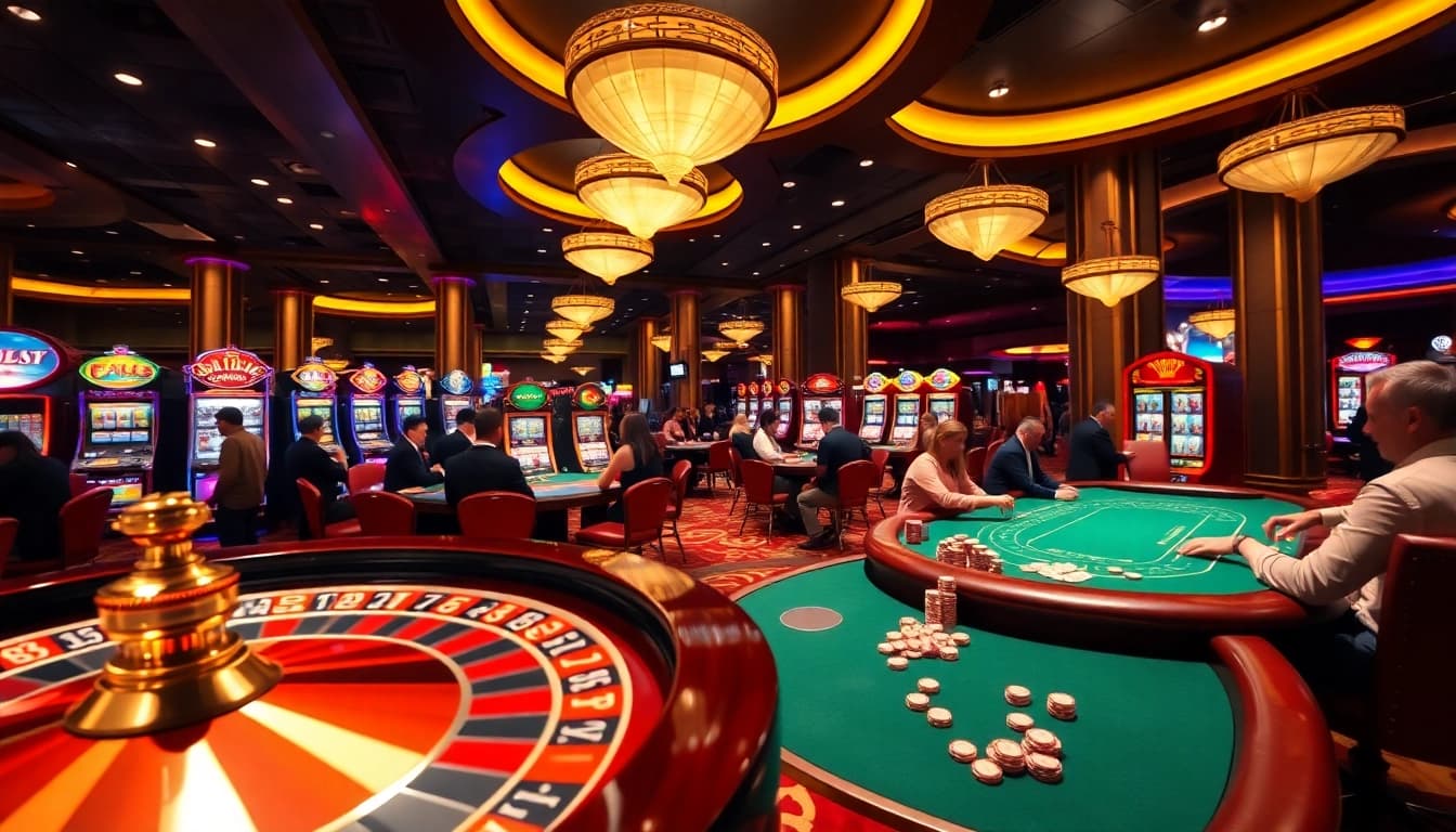 Players celebrating winnings at tha casino, with roulette and vibrant gaming tables.