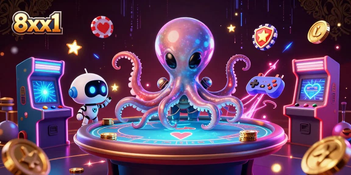 Engage with 8xx1's vibrant gaming experience featuring a lively alien octopus at a holographic poker table.