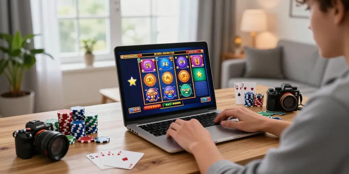 Engaging player enjoying credit card casinos UK experience on a laptop in a cozy environment filled with gaming elements.