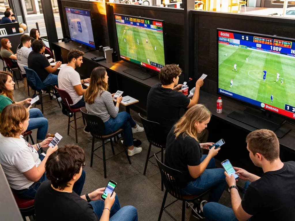 Fans engaged in sports betting at a vibrant outdoor hit club venue, placing bets while enjoying the excitement