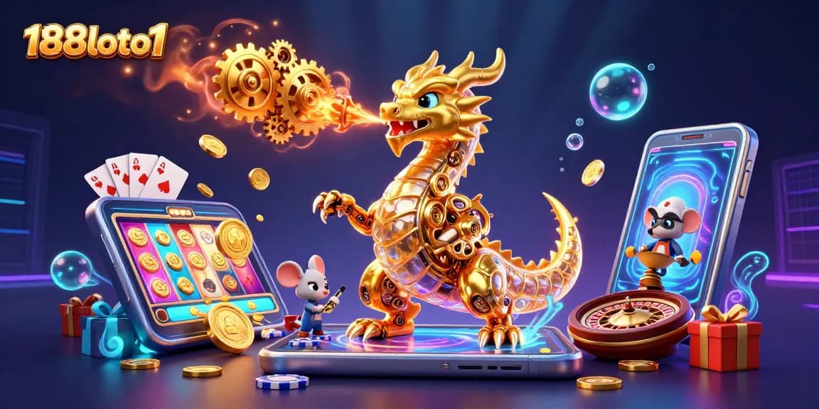 Experience the excitement of winning at 188loto1 with a vibrant 3D casino illustration showcasing golden dragon and game features.
