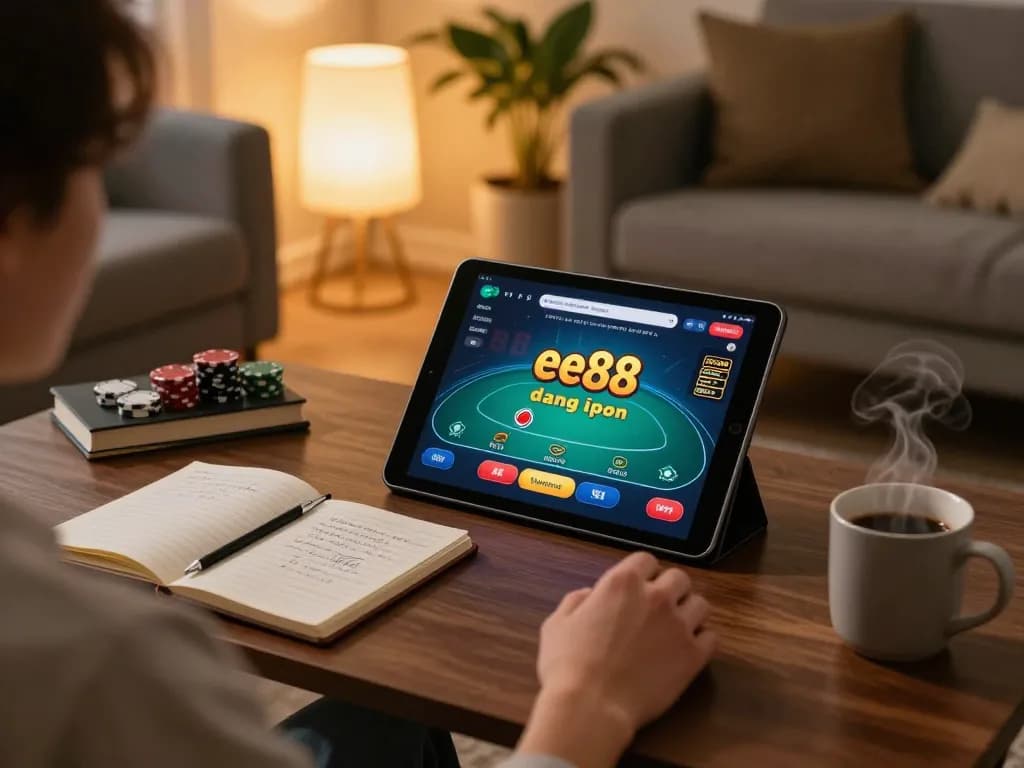 Engaging in responsible gambling with ee88 đăng nhập on a tablet in a cozy living room setting.