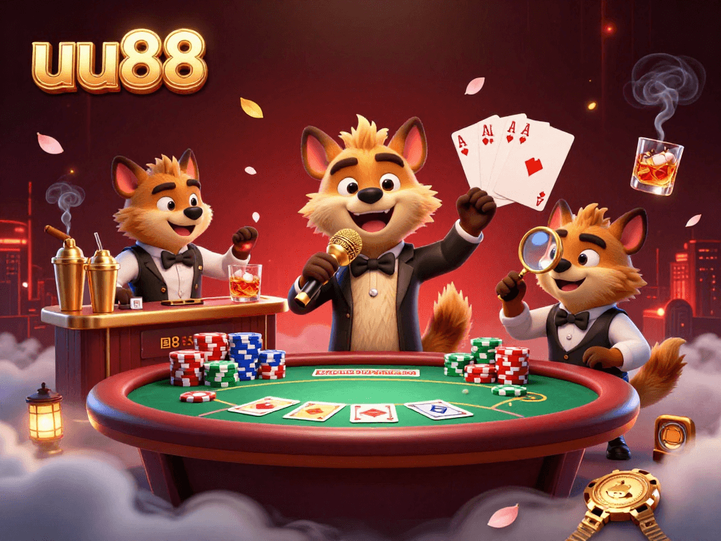 uu88 comedy casino scene with hyenas engaging in gambling fun alongside poker elements