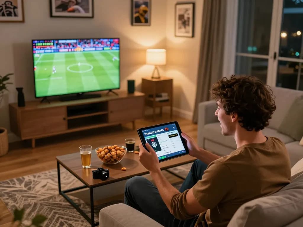 Socolive live betting scene with user excitedly engaging in football matches on tablet, cozy modern setup.