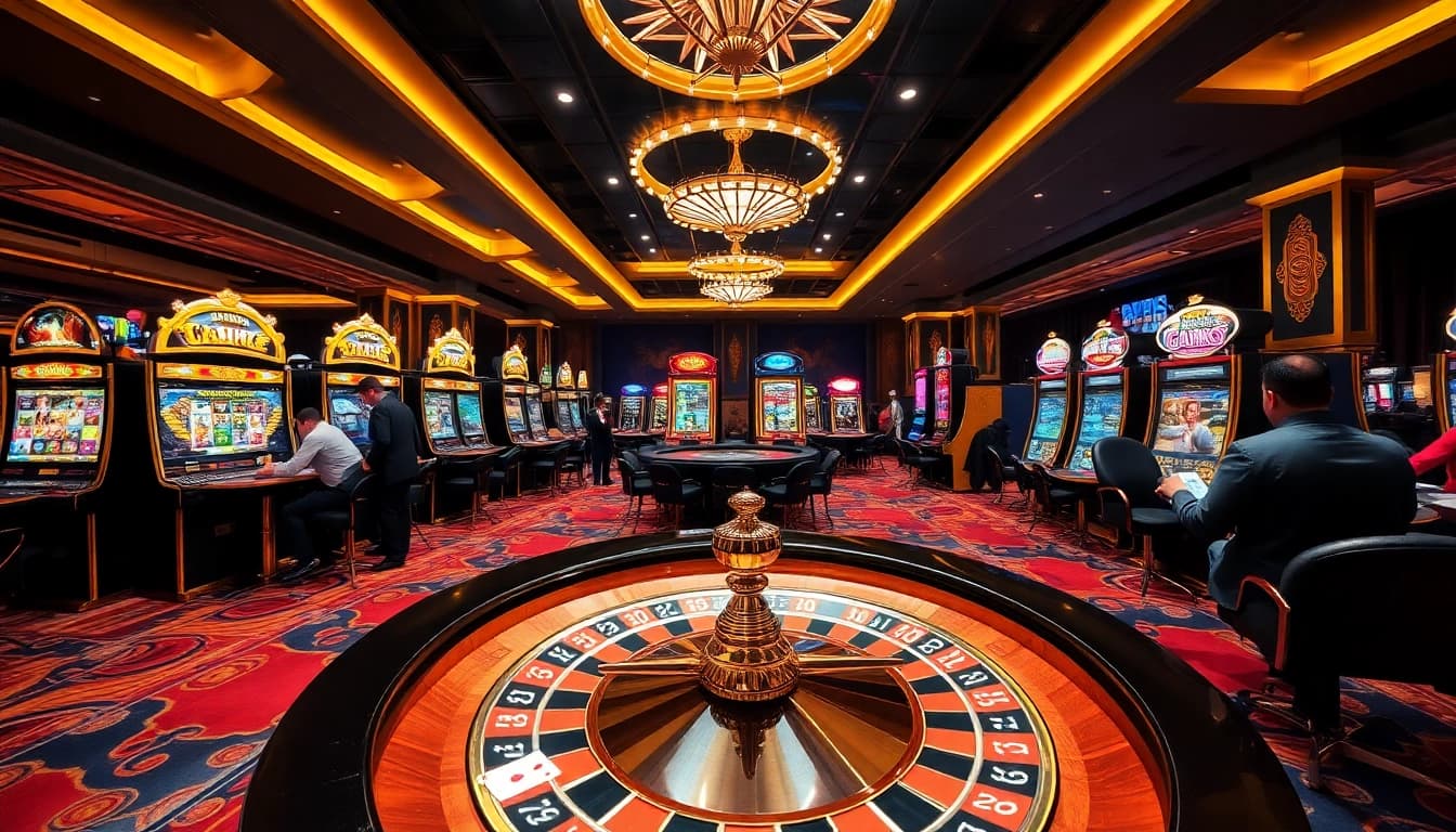 Experience the thrill of ZX88 GAME with players at a luxurious casino, featuring vibrant slot machines and poker tables.