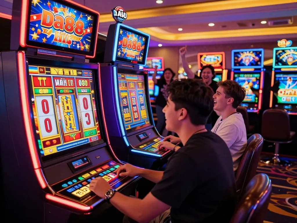 nổ hũ da88 slot machine player enjoying a thrilling gaming experience with vibrant lights and cheerful ambiance.