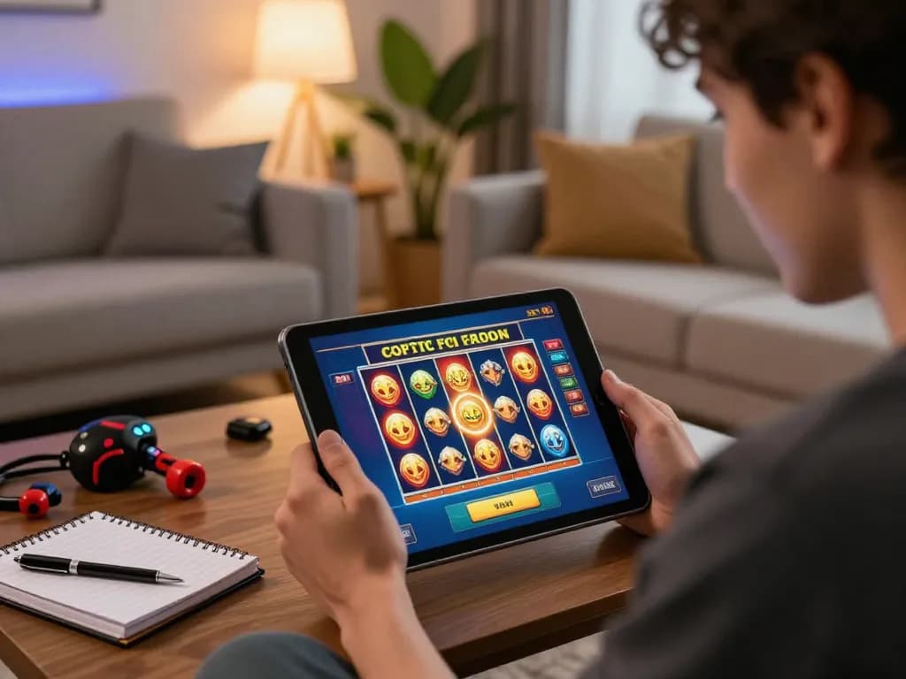 Player enjoying a 789win online slot game on a tablet at home, showcasing strategic betting and engagement.
