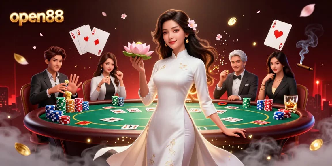 Experience thrilling entertainment at open88 with an elegant Asian woman holding a lotus and golden coin in a vibrant casino scene.