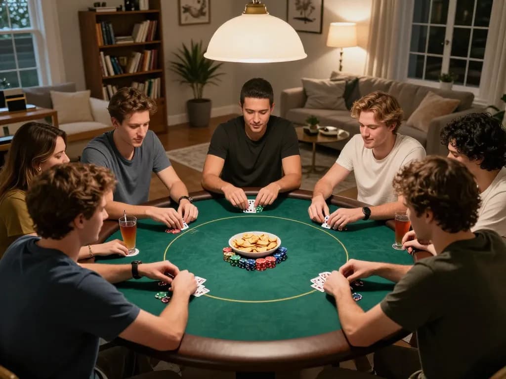 Friends enjoying a competitive poker game night, highlighting 79king strategies in a cozy setting.