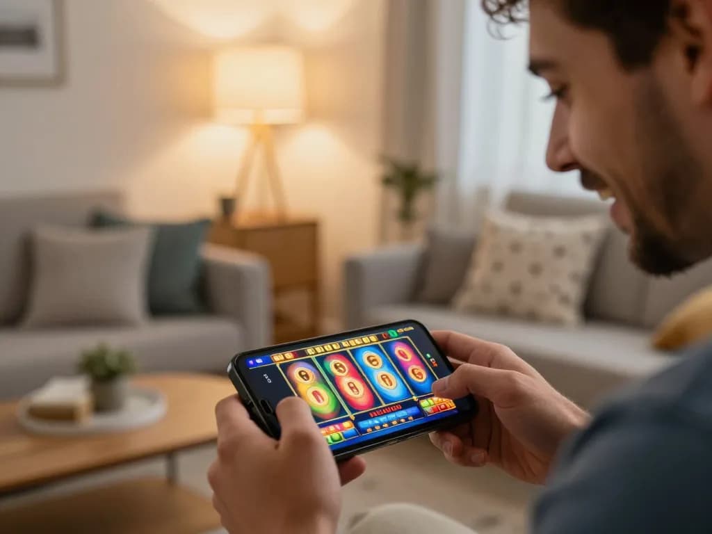 Good88 player enjoying online slot games on smartphone in a cozy home setting
