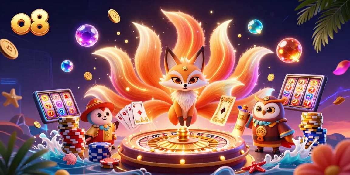 Engage in thrilling games at o8 with vibrant spirits, coins, and casino elements swirling around.