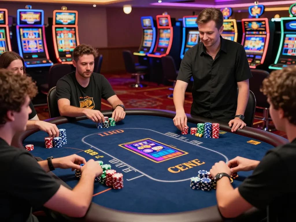 Players enjoying a poker game at FLY88 casino, showcasing vibrant chips and engaging dealer action.