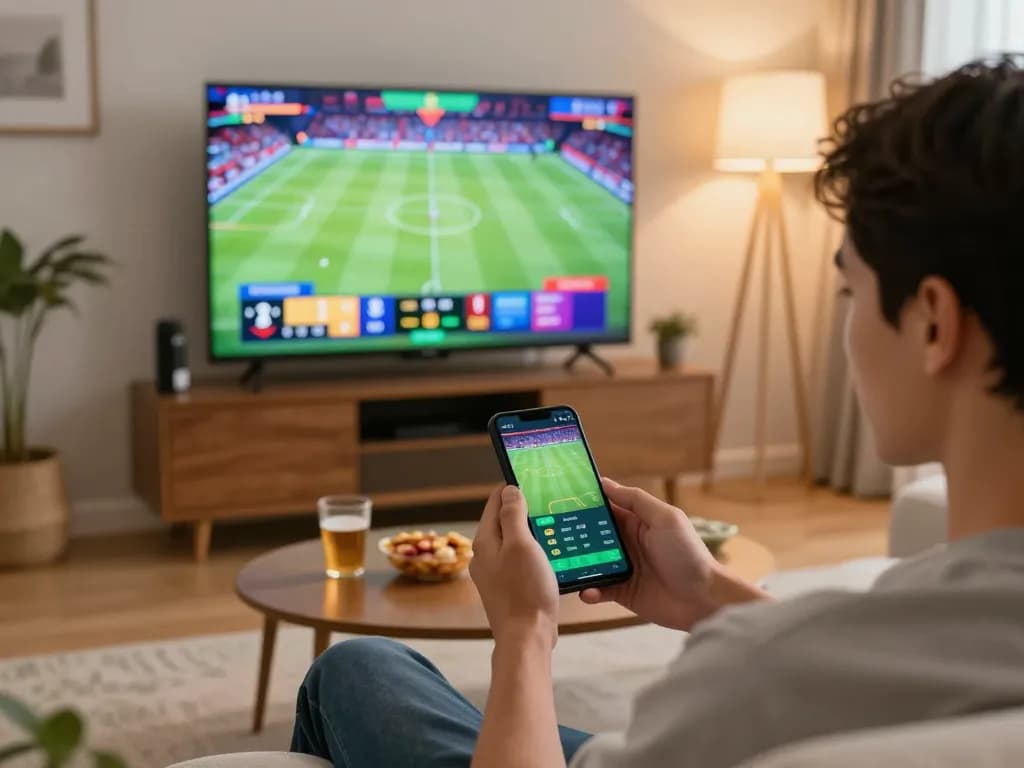 Engaged player using sports betting app on smartphone in cozy living room, exploring Nhà cái lucky88 options.