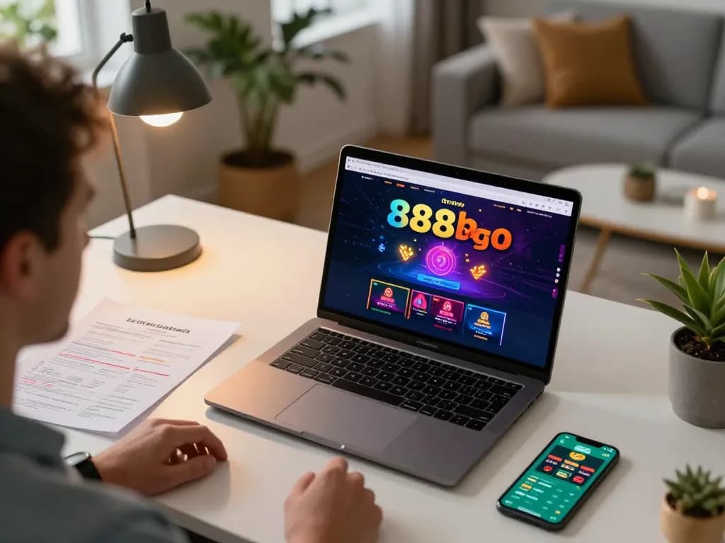 Engaging online gaming scene showcasing 888bgo platform on a laptop with a cozy home setup