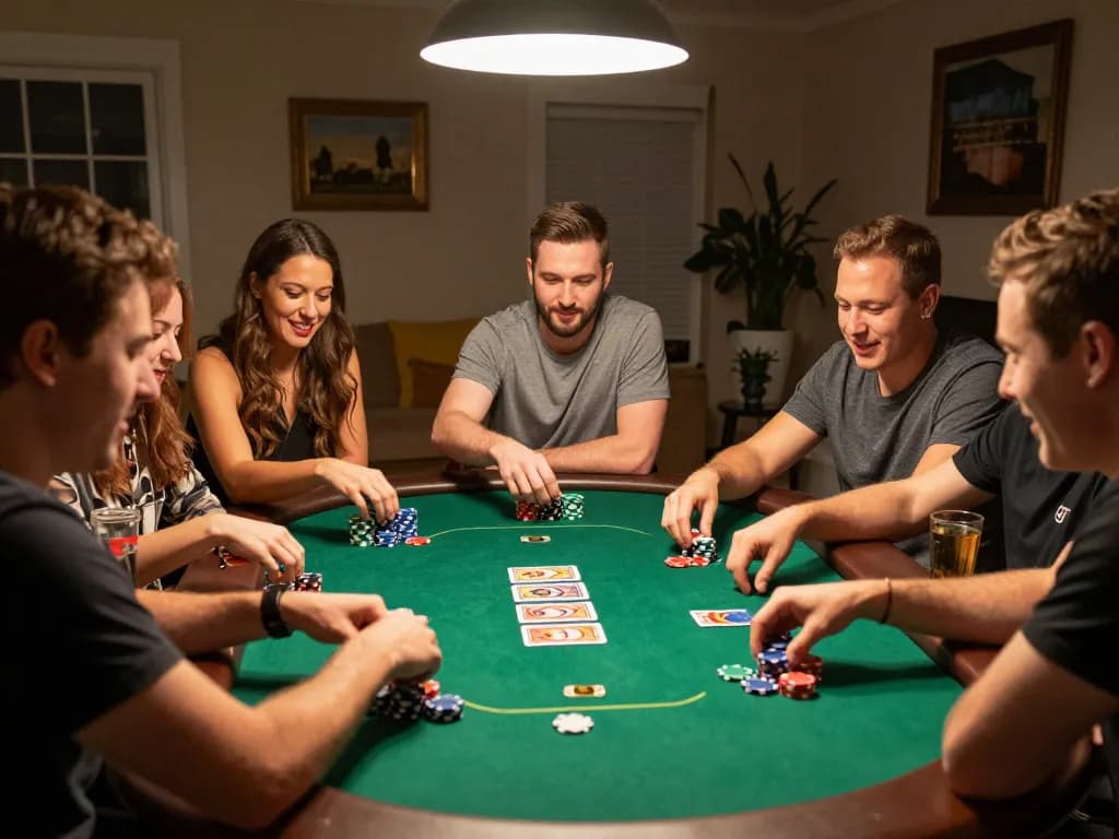 Players enjoying a home poker night while using KUWIN. COM for strategic bets and gameplay
