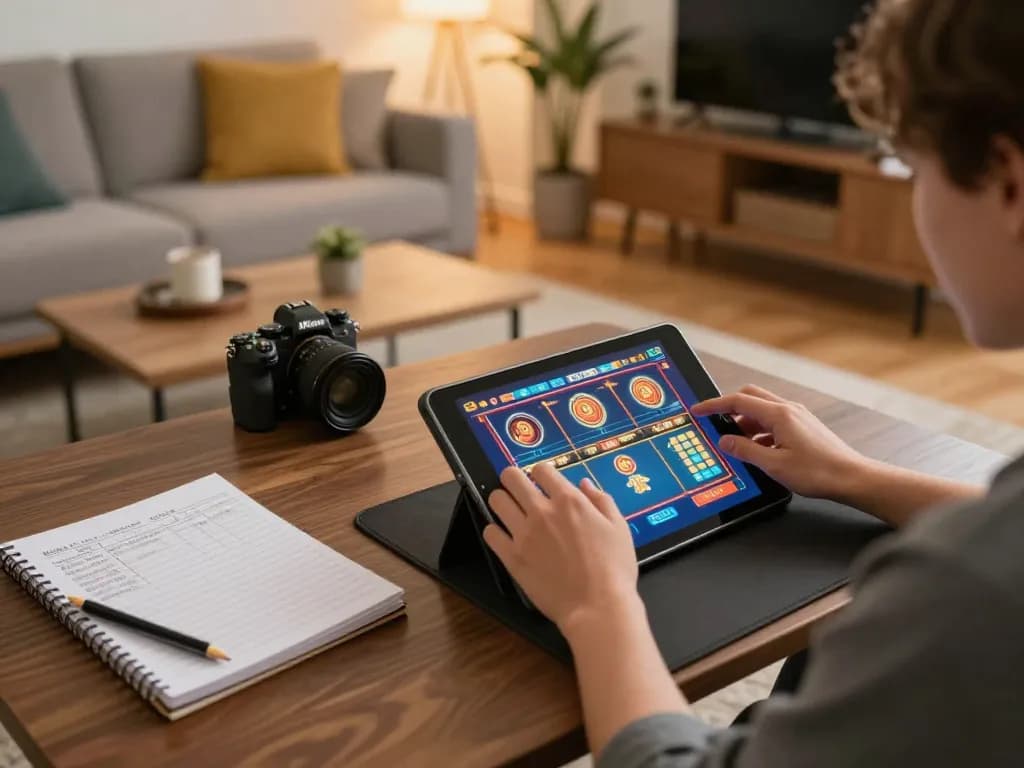 LUCKY88 player enjoying online slots on tablet in a cozy room with strategic notes visible