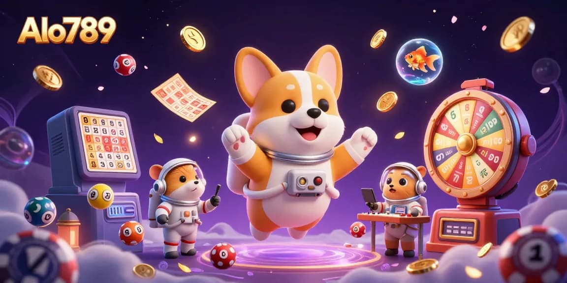 Alo789 creates excitement with a floating astronaut corgi and animated casino elements in a vibrant scene.