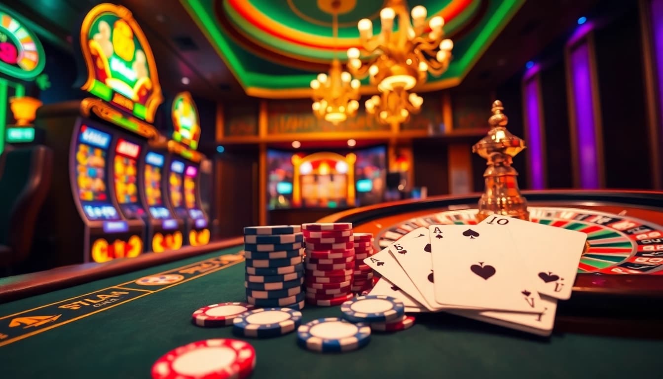 Exciting gaming atmosphere featuring online casino elements from https://phtayab.com/ with vibrant slot machines and poker table.