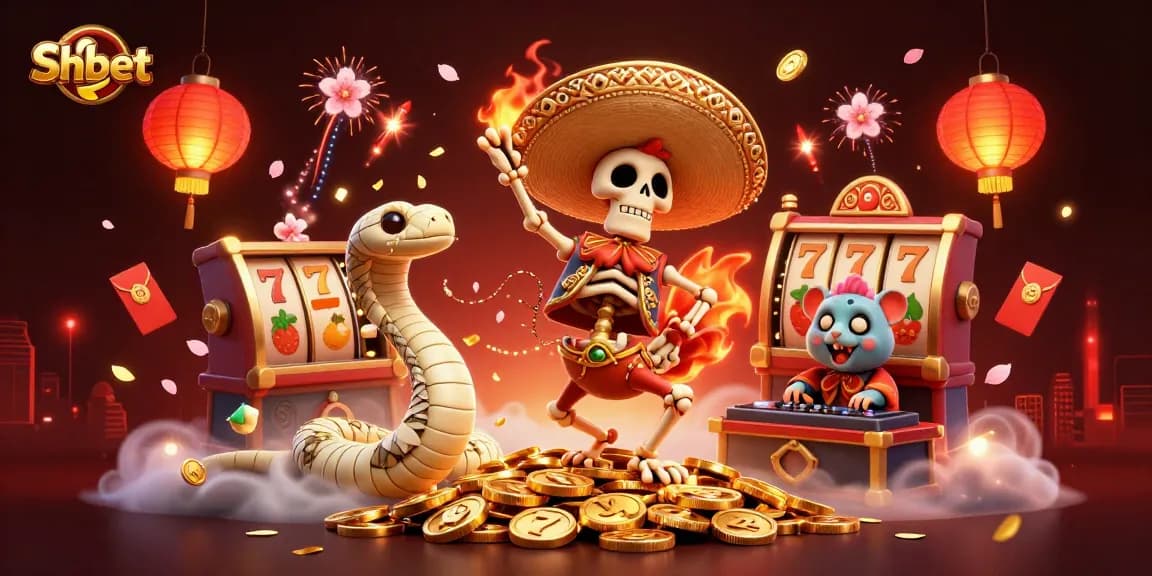 Shbet showcases vibrant online casino fun with a skeleton mariachi dancer, celebrating winnings surrounded by dynamic game elements.