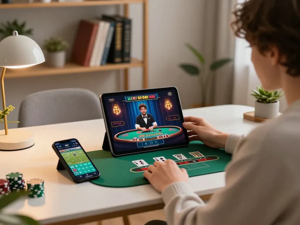 Player engaging in Ev88 live dealer blackjack game on tablet, showcasing strategic gameplay elements.
