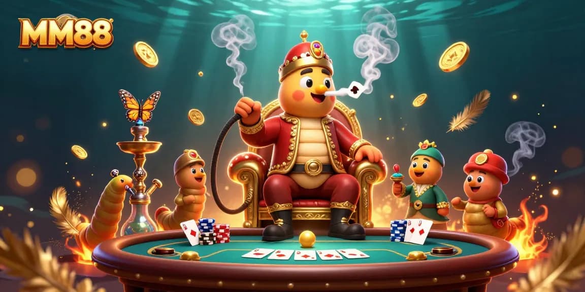 Engage with MM88's thrilling poker scene featuring cartoon characters, vibrant casino elements, and a unique atmosphere.