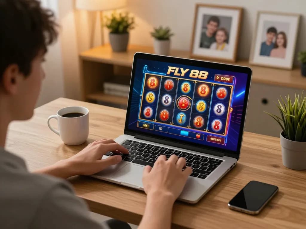 Engaging moment of player enjoying FLY 88 casino games on laptop, showing vibrant screen action