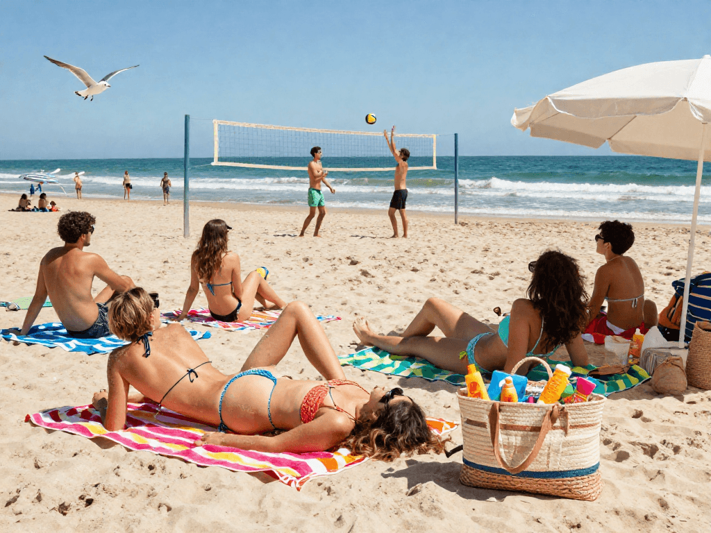 Friends enjoying a vibrant beach day with stylish BIKINISLOT swimwear, playing volleyball, and relaxing under the sun.