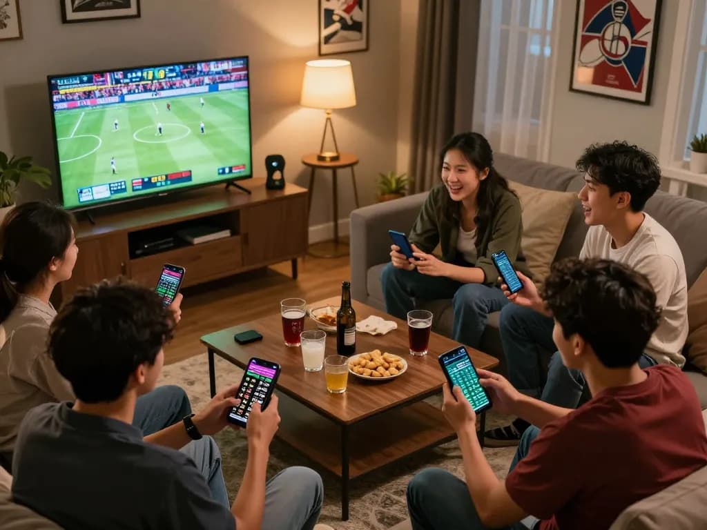 Friends engaging in sports betting while analyzing kèo nhà cái and enjoying their time watching a live game together.