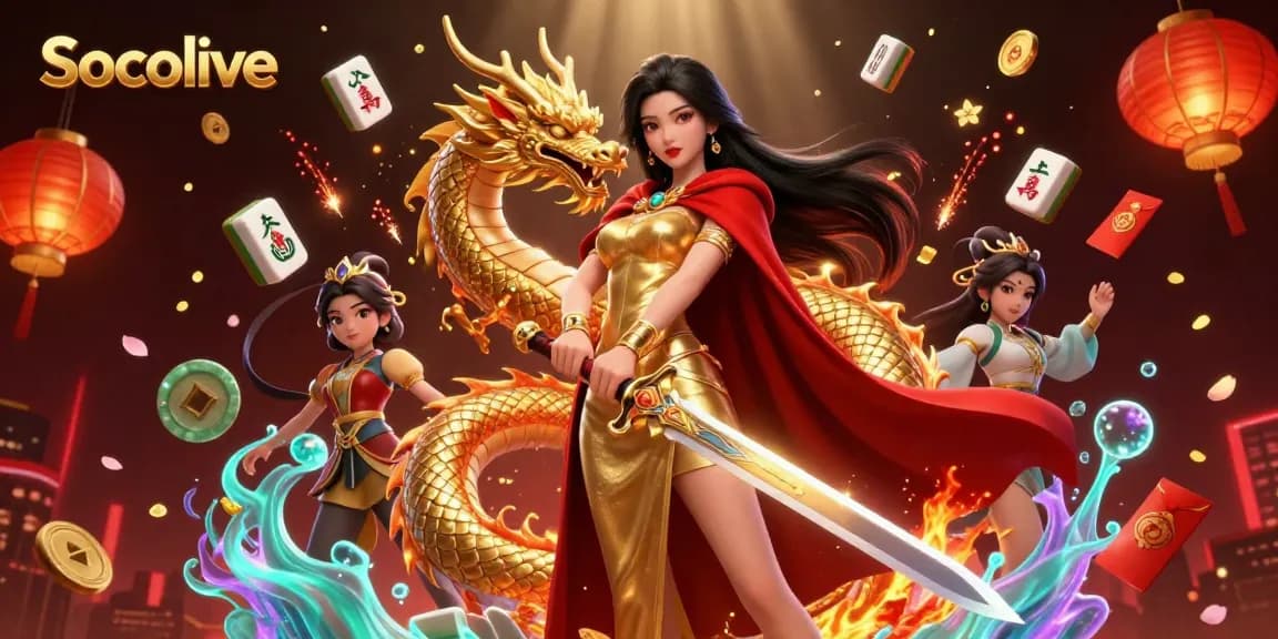 Socolive showcases a vibrant, dynamic illustration depicting a warrior queen with a golden dragon, enriched with gambling elements.