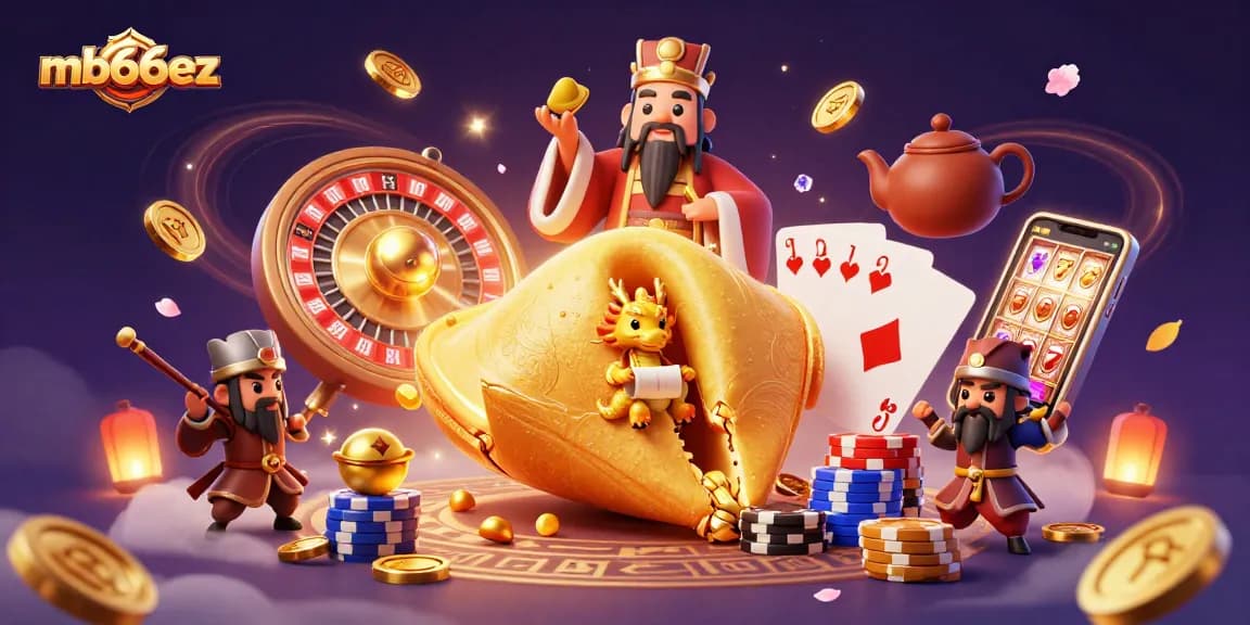 Engaging illustration of mb66ez showcasing a golden fortune cookie with casino elements and a wise dragon.