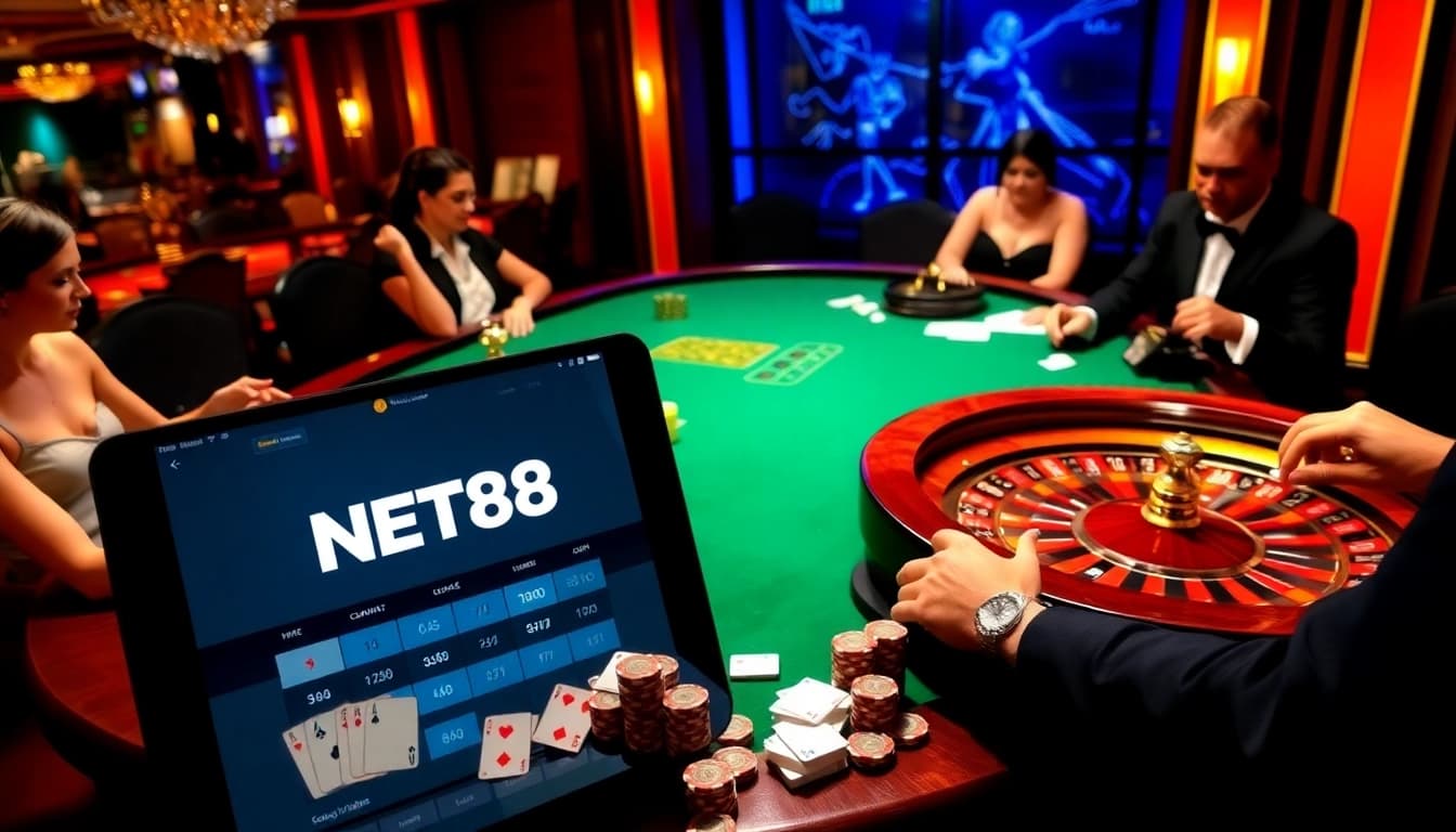 Players engaging with the NET88 platform at a luxurious casino roulette table.