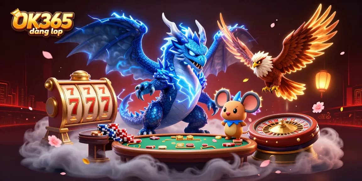 Experience the thrill of OK365 đăng nhập with dynamic slot reels and casino elements floating in a lively scene.
