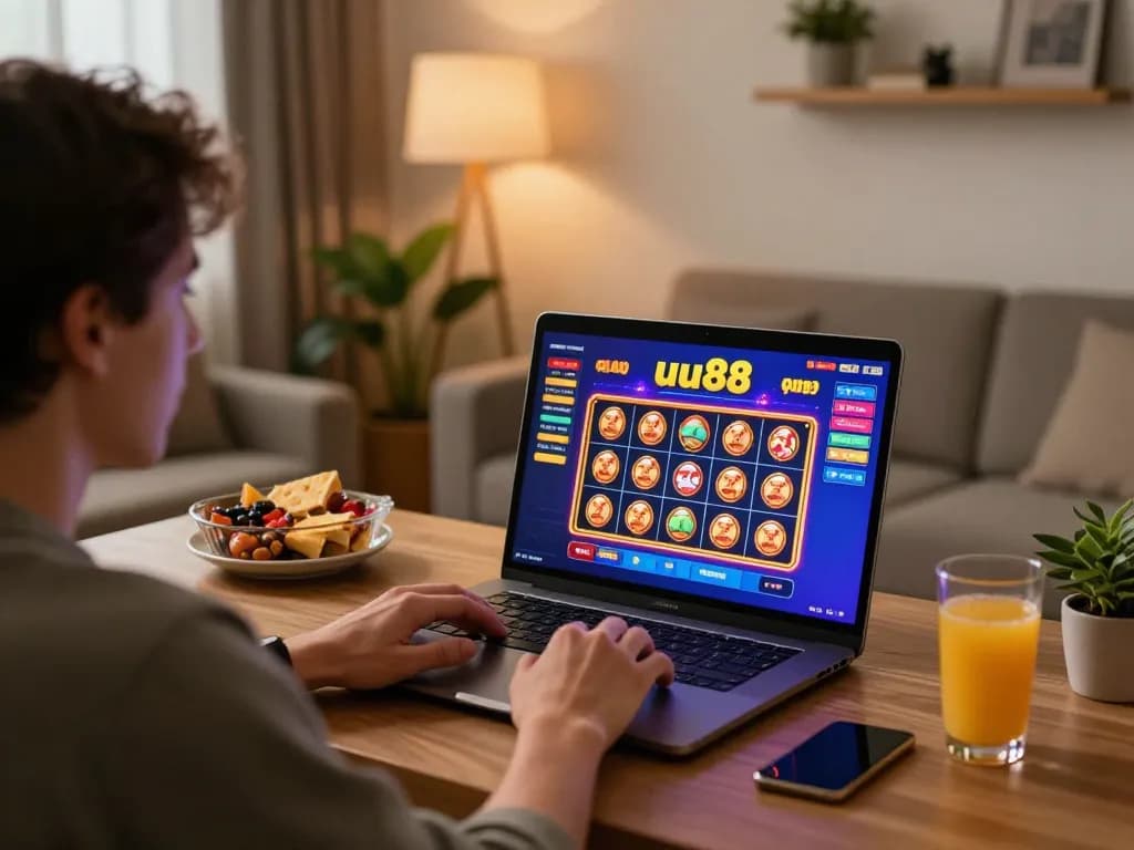 Player enjoying uu88 online gaming on a laptop in a cozy home setup with snacks