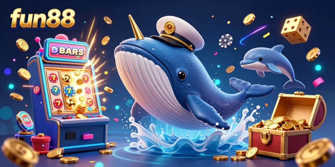 Engage with fun88's vibrant casino scene featuring a whale, narwhal, and dolphins amidst a jackpot explosion.