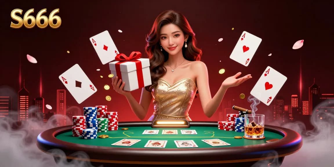 S666 casino illustration featuring a glamorous woman with poker chips and golden coins, celebrating a winning moment.