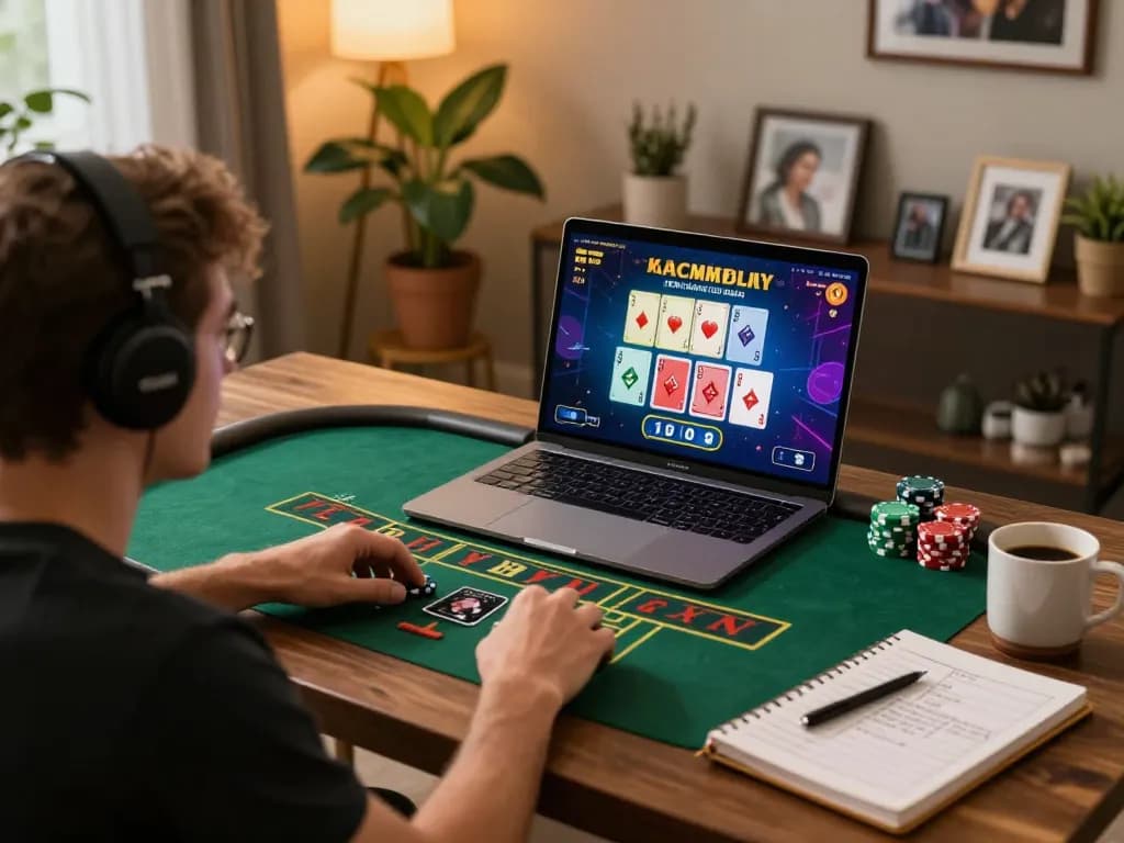 Player engaging with an online baccarat session at F168, showcasing strategy and excitement in a cozy home setting.