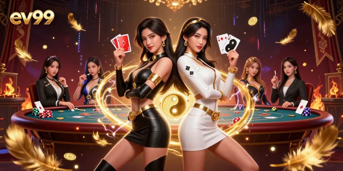 Engage with the ev99 duo mastering poker in a rich, vibrant casino scene filled with gold coins.