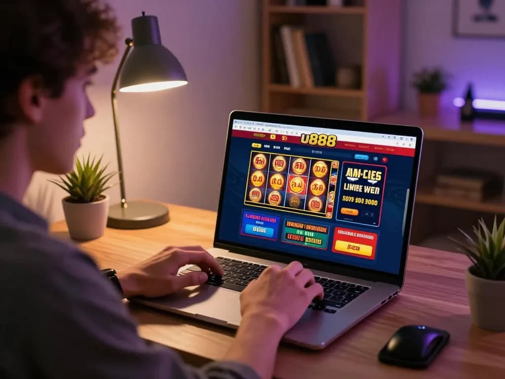 Engaging in exciting online casino gaming at u888 with a laptop display visible.