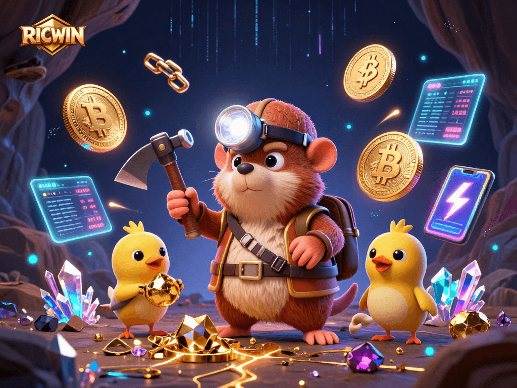 Join the adventure with RICWIN as a mole and canary uncovering treasure in a crypto-themed cave.