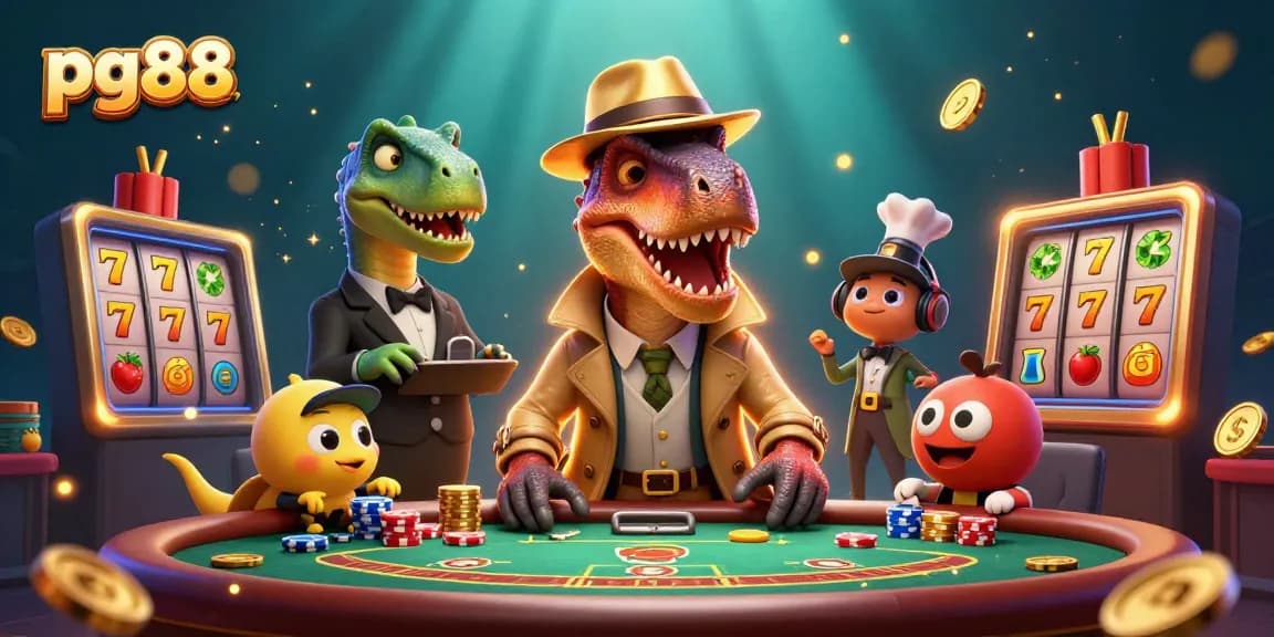 Experience thrilling gameplay at pg88 with a velociraptor card counter and vibrant casino elements.