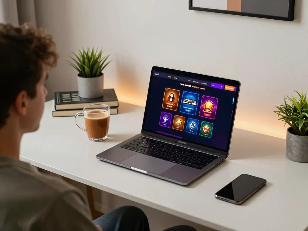 B52club player enjoying online gaming experience at home with laptop and colorful casino interface