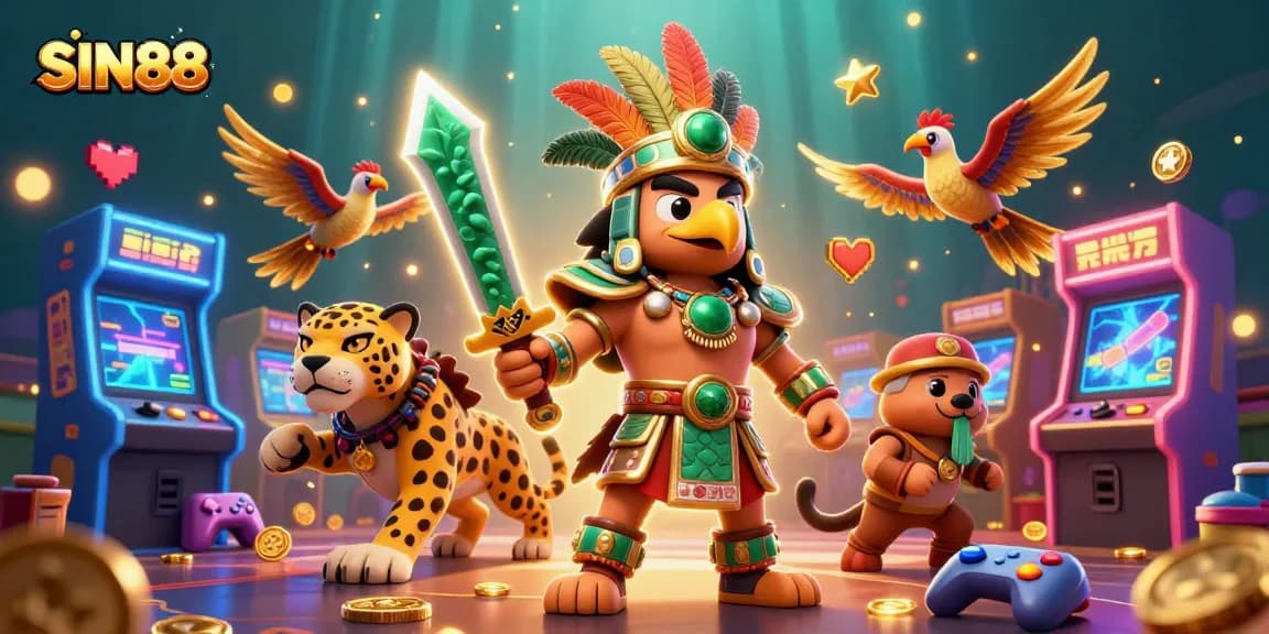 SIN88 showcases a vibrant 3D casino scene with Aztec warriors and arcade game elements for immersive betting.