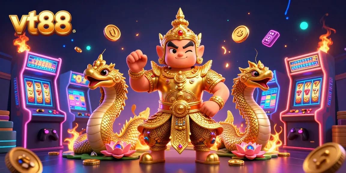 Spin the reels at vt88 with a magical 3D casino scene featuring a guardian and vibrant game elements.