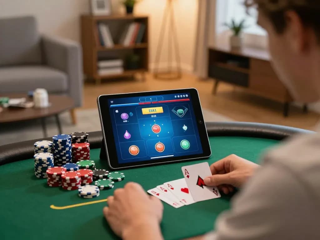 Engaged in strategic play at Nhà cái Vin88, a player manages chips while viewing a poker game on a tablet.