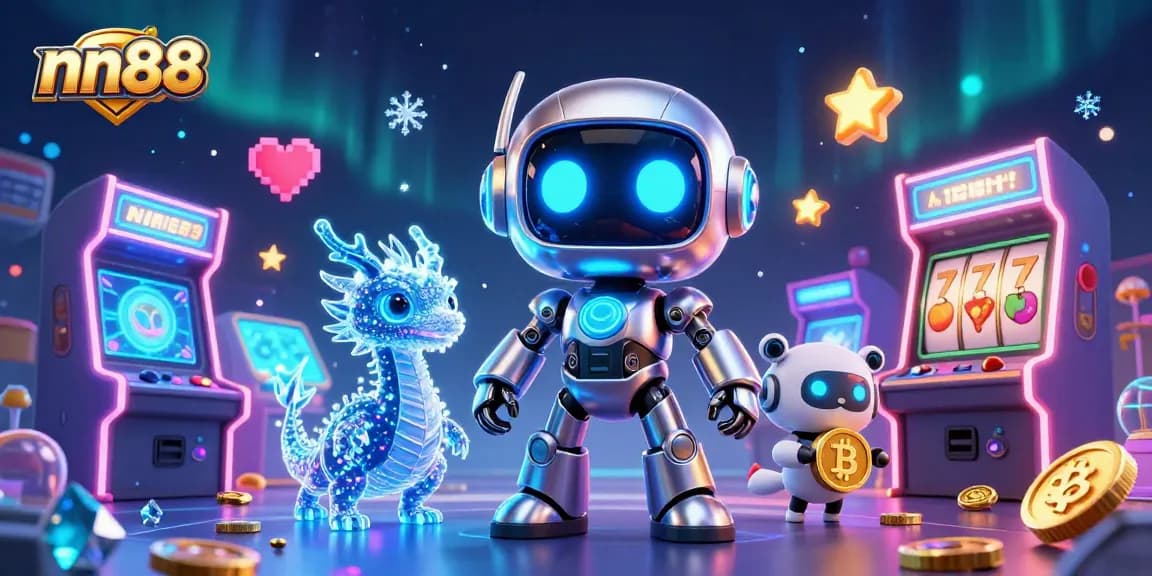 Engage in thrilling gameplay at nn88 featuring a neon cyberpunk robot and vibrant casino elements.