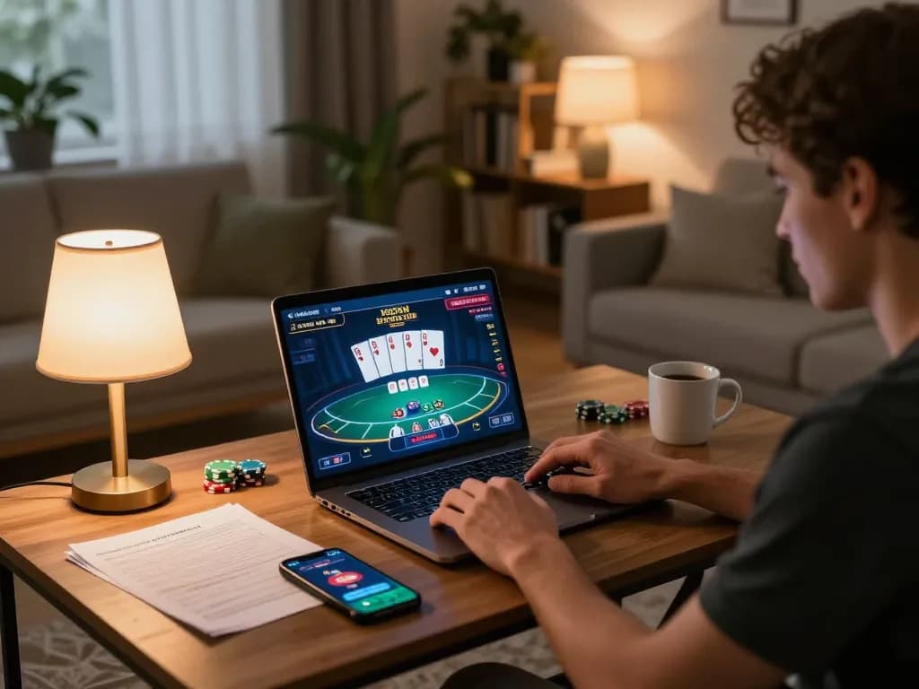 Player enjoying poker on a laptop at home, showcasing 789bet online gaming experience.