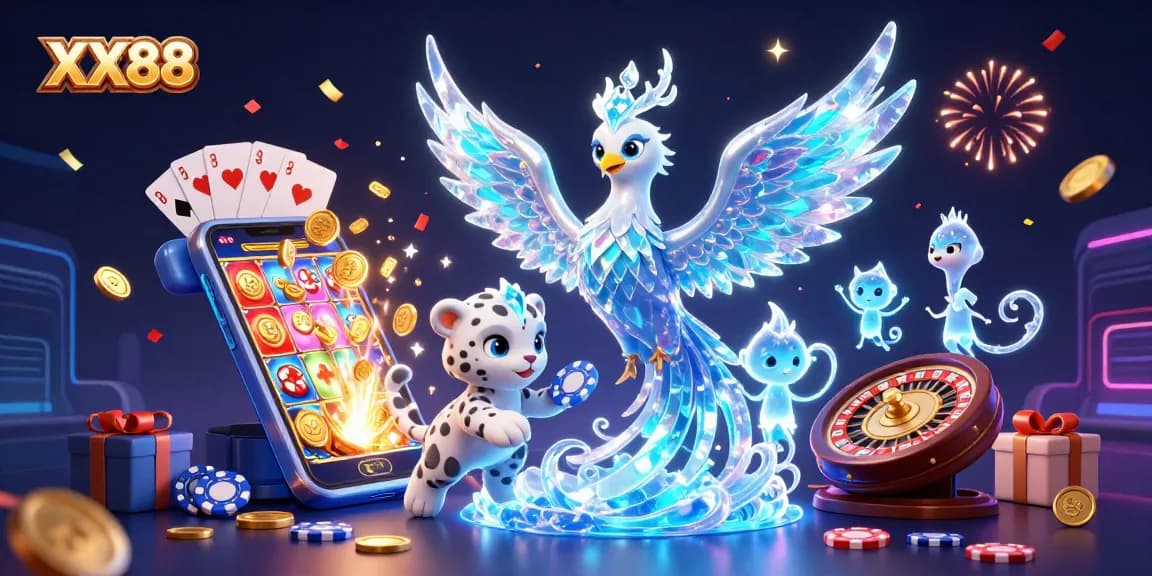 Experience excitement with XX88 in this vibrant 3D casino scene, featuring an enchanting ice phoenix and gaming elements.