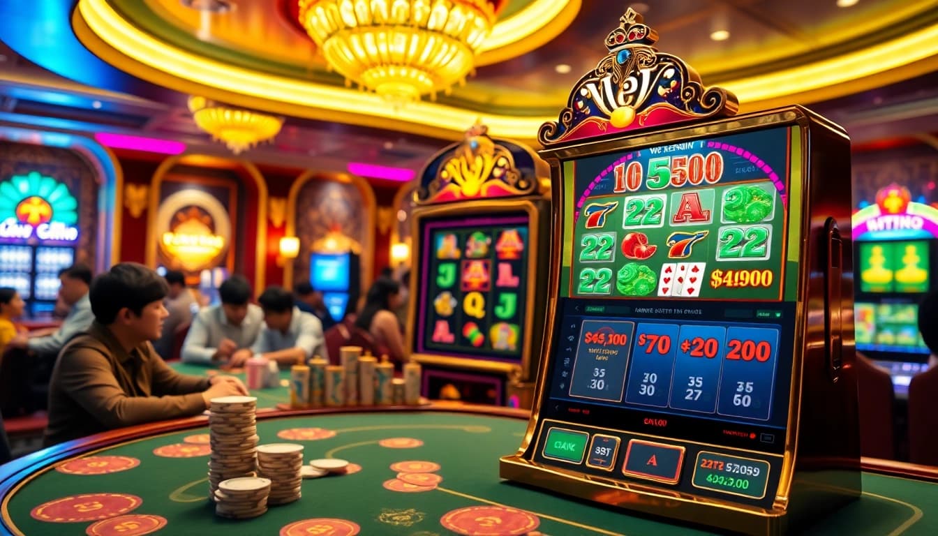 Nổ hũ Sunwin slot machine in an exciting casino atmosphere, showcasing players engaged in high stakes.